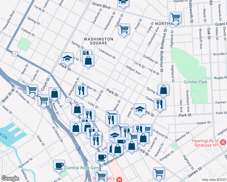 map of restaurants, bars, coffee shops, grocery stores, and more near 1118 Park Street in Syracuse