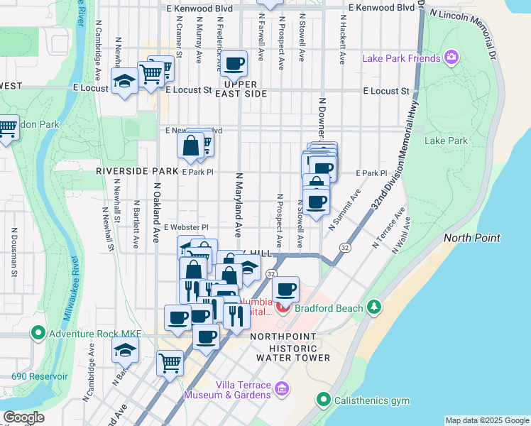 map of restaurants, bars, coffee shops, grocery stores, and more near 2572 North Farwell Avenue in Milwaukee