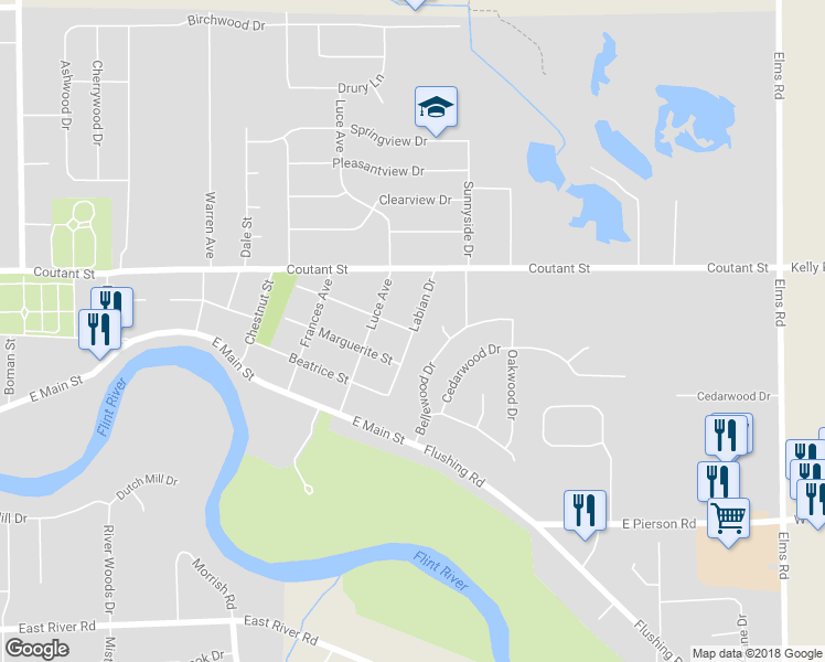 map of restaurants, bars, coffee shops, grocery stores, and more near 1299 Mildred Street in Flushing