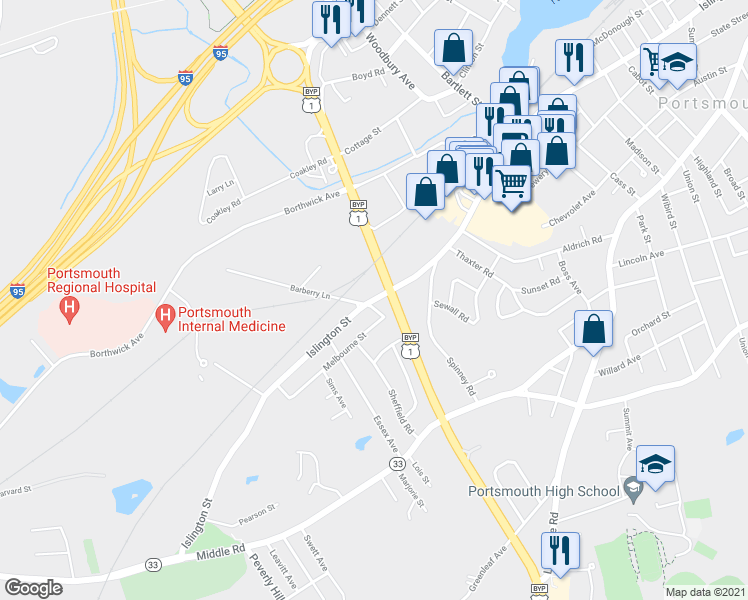 map of restaurants, bars, coffee shops, grocery stores, and more near 1137 Islington Street in Portsmouth