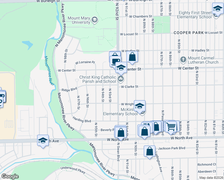 map of restaurants, bars, coffee shops, grocery stores, and more near 2560 North 93rd Street in Wauwatosa