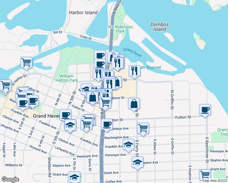 map of restaurants, bars, coffee shops, grocery stores, and more near 922 Madison Street in Grand Haven