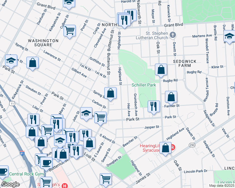 map of restaurants, bars, coffee shops, grocery stores, and more near 918 Highland Street in Syracuse