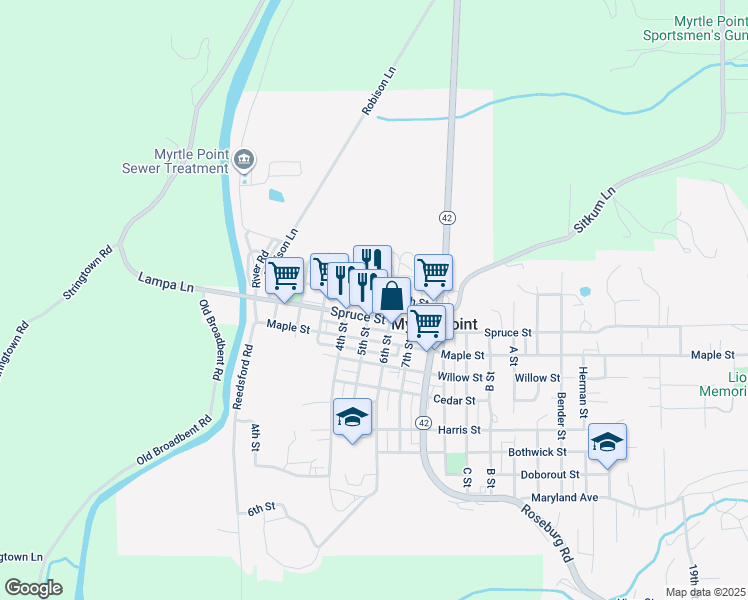 map of restaurants, bars, coffee shops, grocery stores, and more near 508 Spruce Street in Myrtle Point