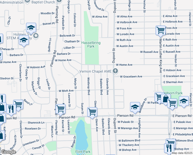 map of restaurants, bars, coffee shops, grocery stores, and more near 5701 Baldwin Boulevard in Flint