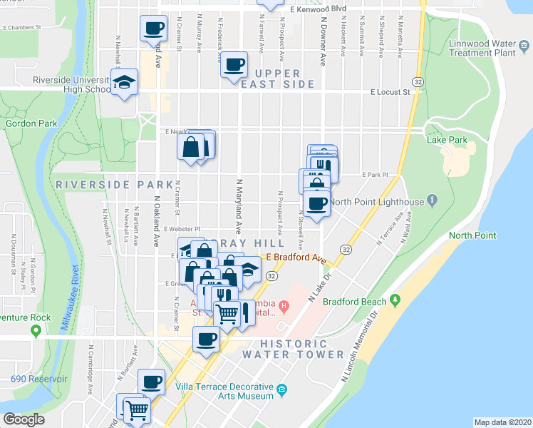 map of restaurants, bars, coffee shops, grocery stores, and more near 2555 North Farwell Avenue in Milwaukee