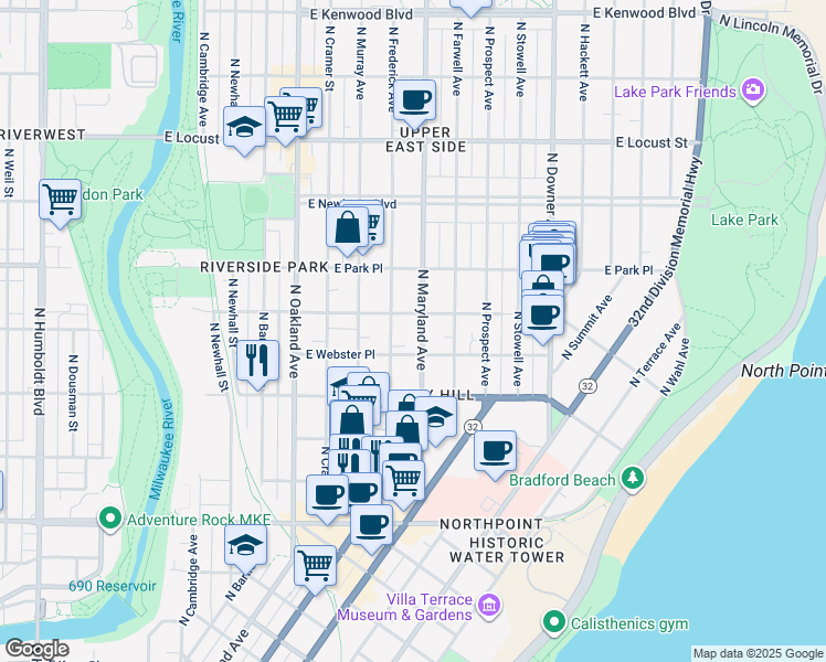 map of restaurants, bars, coffee shops, grocery stores, and more near 2120 East Webster Place in Milwaukee