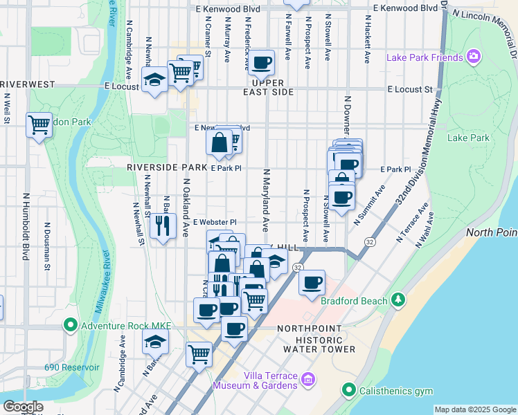 map of restaurants, bars, coffee shops, grocery stores, and more near 2120 East Webster Place in Milwaukee