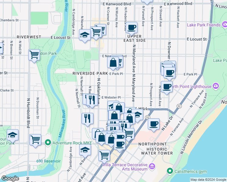 map of restaurants, bars, coffee shops, grocery stores, and more near 1906 East Webster Place in Milwaukee