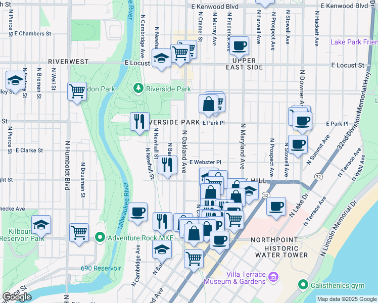 map of restaurants, bars, coffee shops, grocery stores, and more near 2553 North Oakland Avenue in Milwaukee