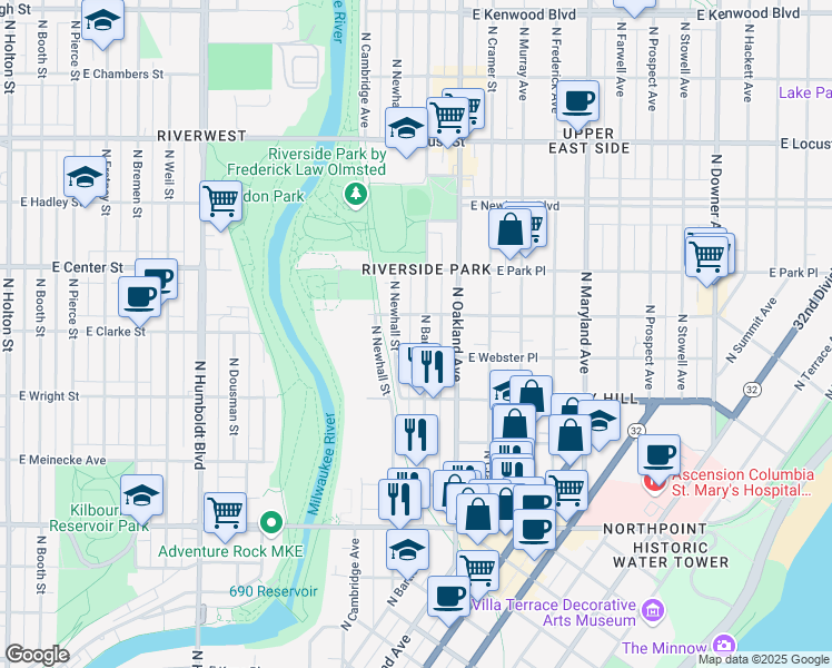 map of restaurants, bars, coffee shops, grocery stores, and more near 2557 North Bartlett Avenue in Milwaukee