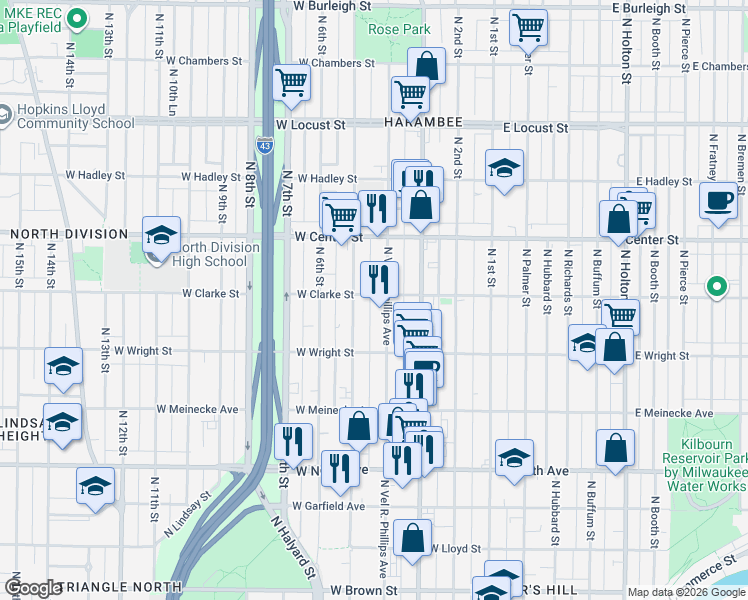 map of restaurants, bars, coffee shops, grocery stores, and more near 2550 North 5th Street in Milwaukee