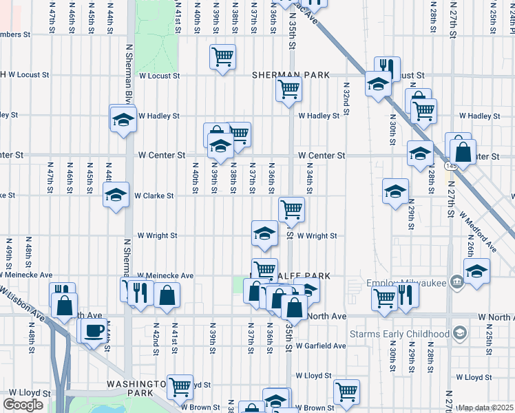 map of restaurants, bars, coffee shops, grocery stores, and more near 2531 North 37th Street in Milwaukee