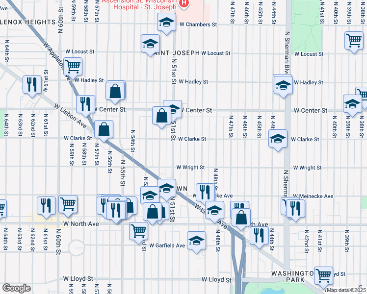 map of restaurants, bars, coffee shops, grocery stores, and more near 2529 North 50th Street in Milwaukee