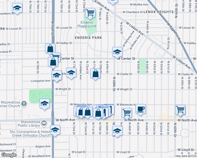 map of restaurants, bars, coffee shops, grocery stores, and more near 2526 North 71st Street in Wauwatosa