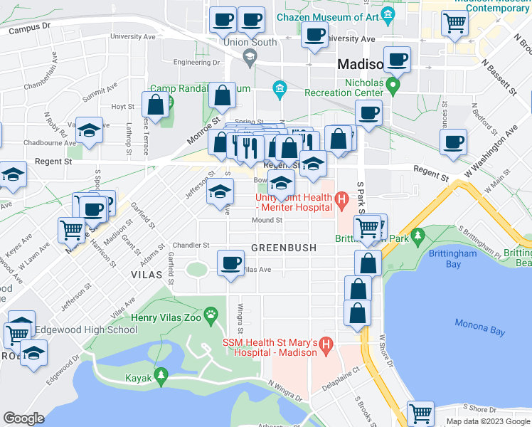 map of restaurants, bars, coffee shops, grocery stores, and more near 1207 Mound Street in Madison