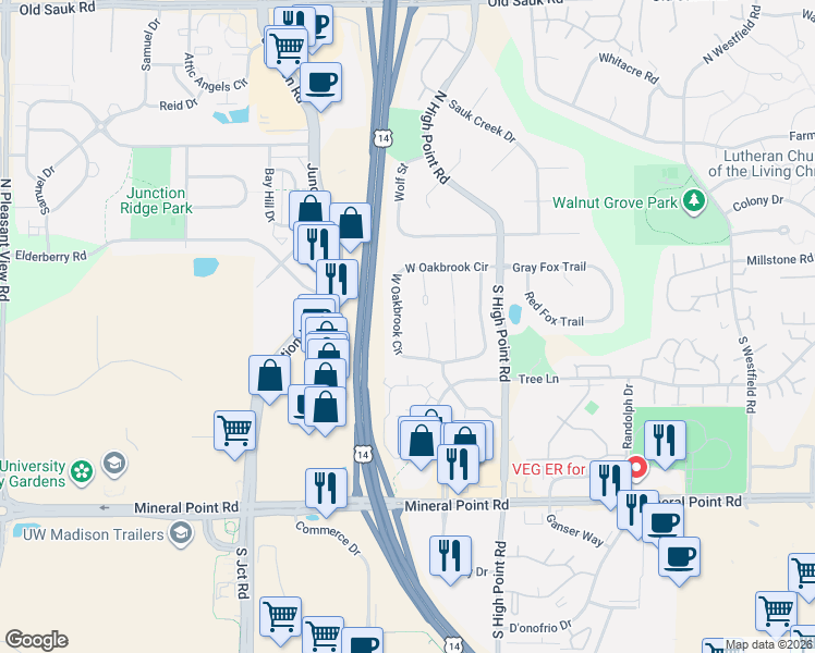 map of restaurants, bars, coffee shops, grocery stores, and more near 7953 West Oakbrook Circle in Madison