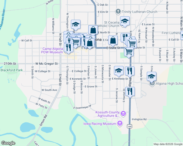 map of restaurants, bars, coffee shops, grocery stores, and more near 400-498 South Jones Street in Algona
