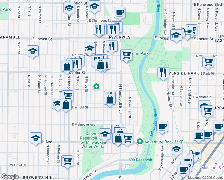 map of restaurants, bars, coffee shops, grocery stores, and more near North Weil Street & East Clarke Street in Milwaukee
