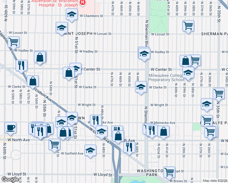 map of restaurants, bars, coffee shops, grocery stores, and more near 2528 North 47th Street in Milwaukee