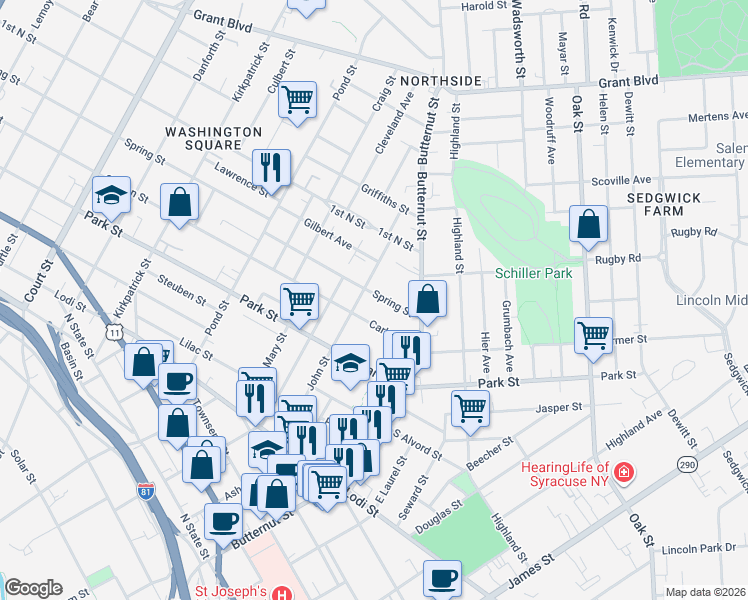 map of restaurants, bars, coffee shops, grocery stores, and more near 129 Spring Street in Syracuse