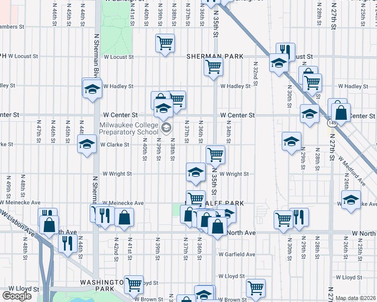 map of restaurants, bars, coffee shops, grocery stores, and more near 2564 North 37th Street in Milwaukee