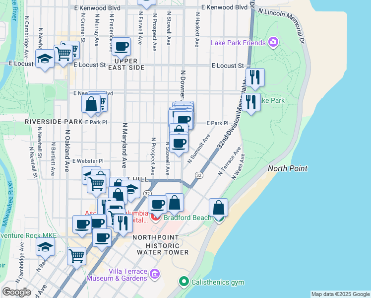 map of restaurants, bars, coffee shops, grocery stores, and more near 2563 North Summit Avenue in Milwaukee