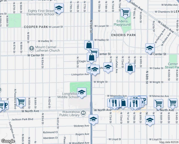 map of restaurants, bars, coffee shops, grocery stores, and more near 2529 North Wauwatosa Avenue in Wauwatosa