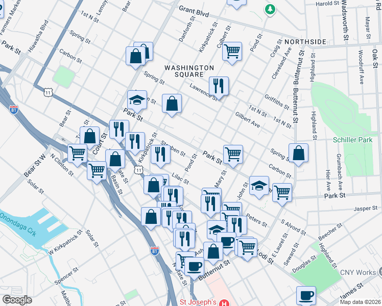 map of restaurants, bars, coffee shops, grocery stores, and more near 400 Pond Street in Syracuse