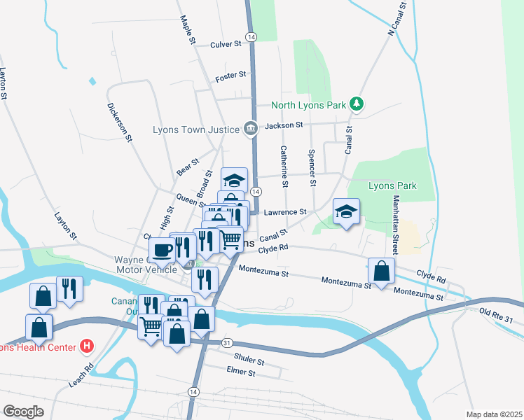 map of restaurants, bars, coffee shops, grocery stores, and more near 17 Lawrence Street in Lyons