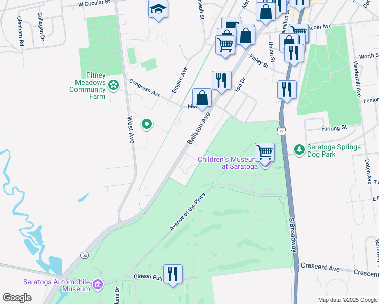 map of restaurants, bars, coffee shops, grocery stores, and more near 12 Peck Avenue in Saratoga Springs