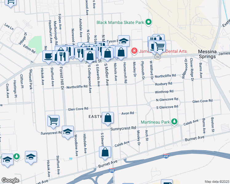 map of restaurants, bars, coffee shops, grocery stores, and more near 248 Nichols Avenue in Syracuse