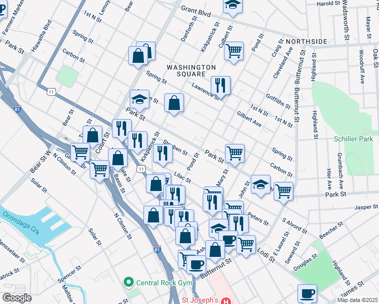 map of restaurants, bars, coffee shops, grocery stores, and more near 400 Pond Street in Syracuse