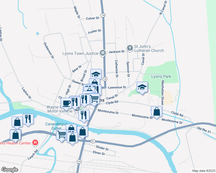 map of restaurants, bars, coffee shops, grocery stores, and more near 8 Phelps Street in Lyons