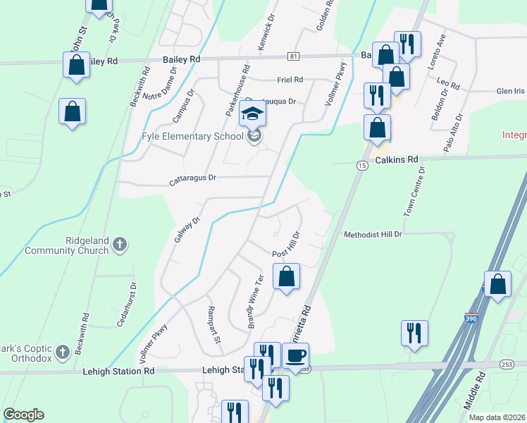 map of restaurants, bars, coffee shops, grocery stores, and more near 196 Vollmer Parkway in Rochester