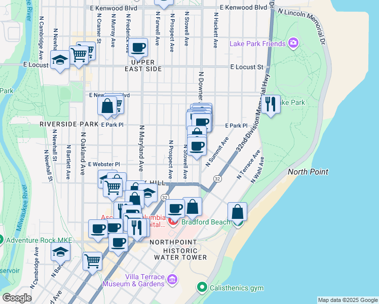 map of restaurants, bars, coffee shops, grocery stores, and more near 2502 East Webster Place in Milwaukee