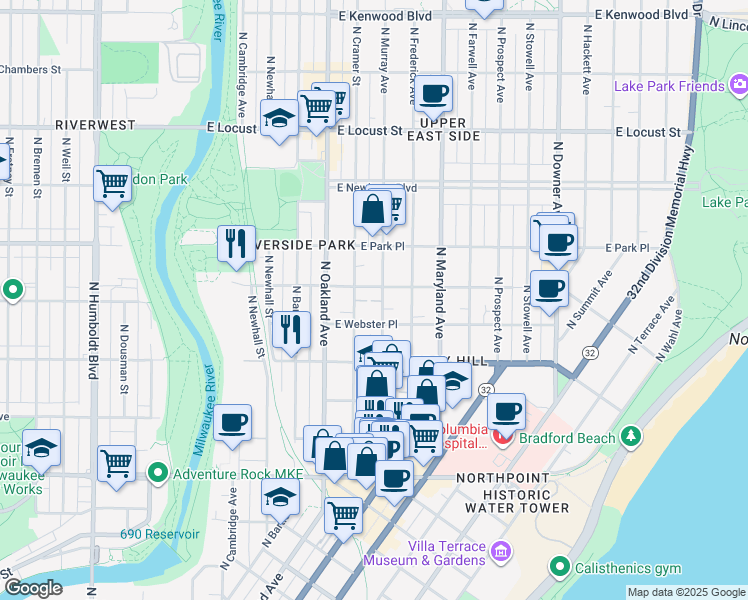 map of restaurants, bars, coffee shops, grocery stores, and more near 1906 East Webster Place in Milwaukee