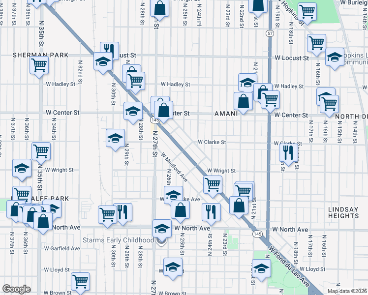 map of restaurants, bars, coffee shops, grocery stores, and more near 2491 West Fond Du Lac Avenue in Milwaukee