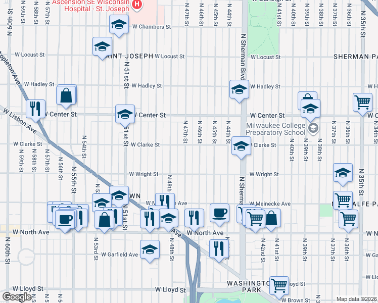 map of restaurants, bars, coffee shops, grocery stores, and more near 2528 North 47th Street in Milwaukee