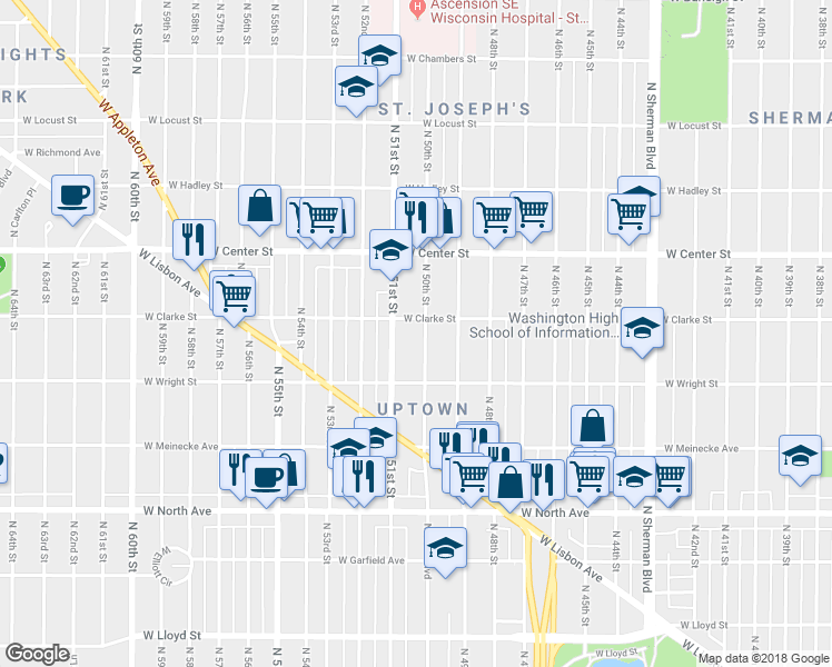 map of restaurants, bars, coffee shops, grocery stores, and more near 2529 North 50th Street in Milwaukee