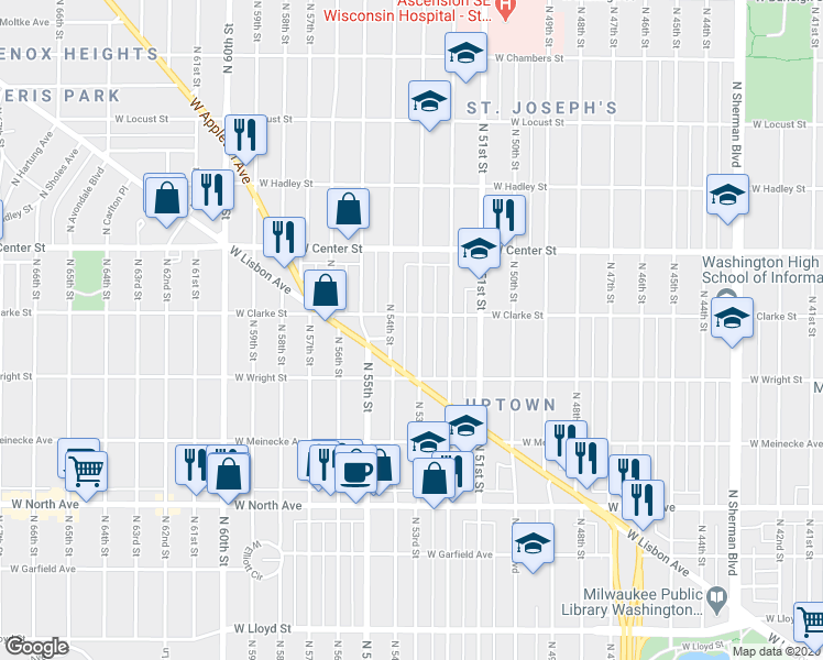 map of restaurants, bars, coffee shops, grocery stores, and more near 2530 North 53rd Street in Milwaukee