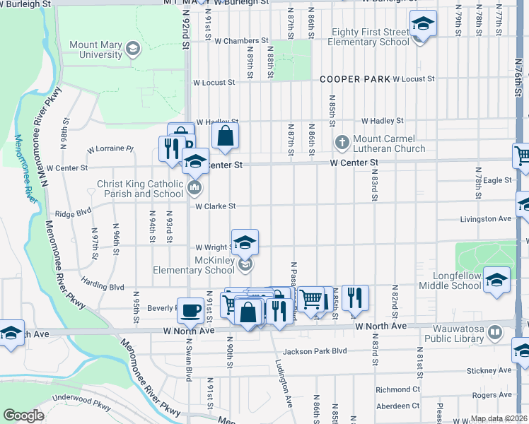 map of restaurants, bars, coffee shops, grocery stores, and more near 2535 North 88th Street in Wauwatosa