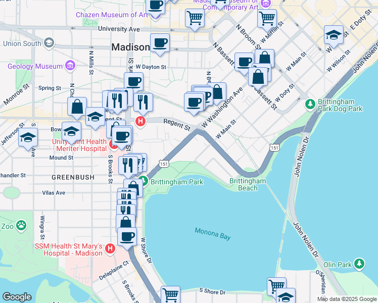 map of restaurants, bars, coffee shops, grocery stores, and more near 746 West Main Street in Madison