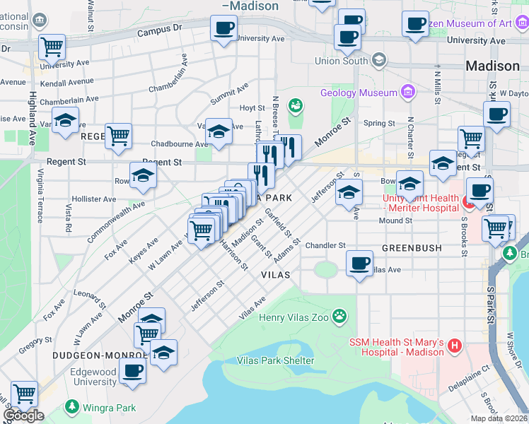 map of restaurants, bars, coffee shops, grocery stores, and more near 1717 Madison Street in Madison