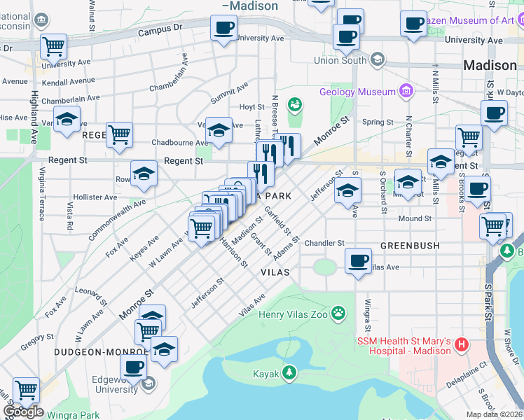 map of restaurants, bars, coffee shops, grocery stores, and more near 1717 Madison Street in Madison
