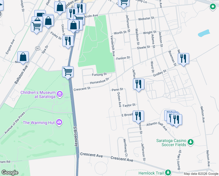 map of restaurants, bars, coffee shops, grocery stores, and more near 13 Joshua Road in Saratoga Springs