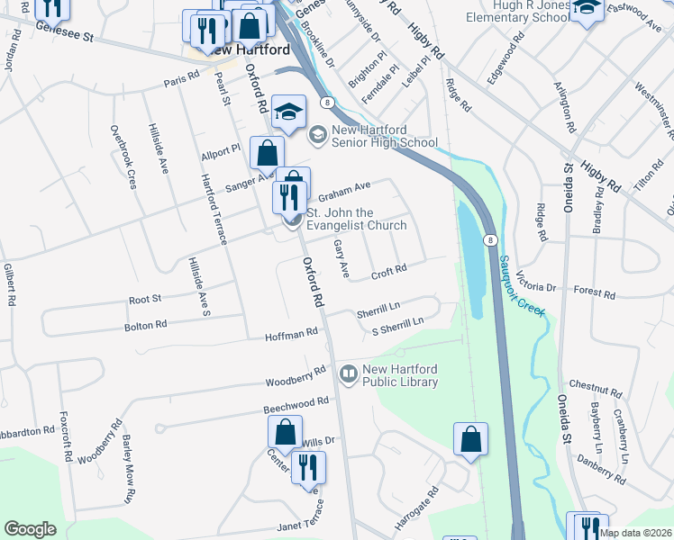 map of restaurants, bars, coffee shops, grocery stores, and more near 99 Oxford Road in New Hartford