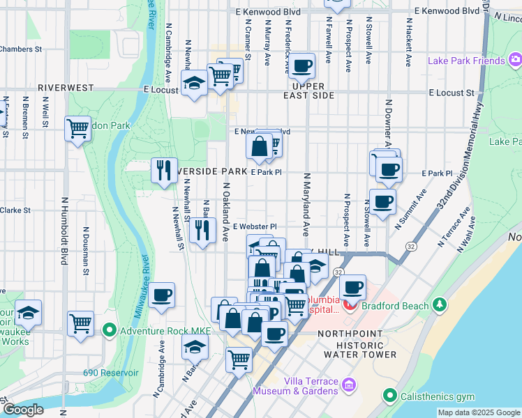 map of restaurants, bars, coffee shops, grocery stores, and more near 2583 North Murray Avenue in Milwaukee
