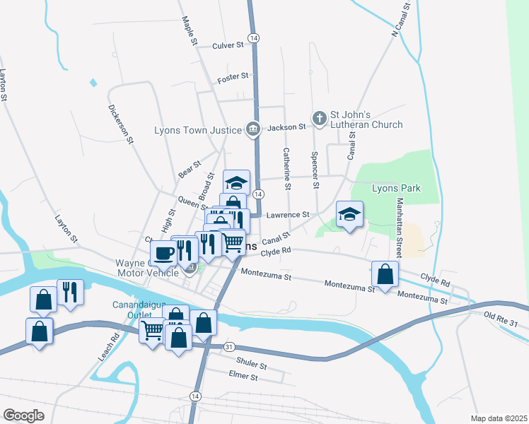 map of restaurants, bars, coffee shops, grocery stores, and more near 8 Phelps Street in Lyons