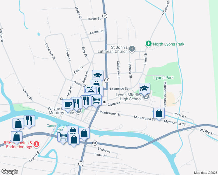map of restaurants, bars, coffee shops, grocery stores, and more near 18 Phelps Street in Lyons